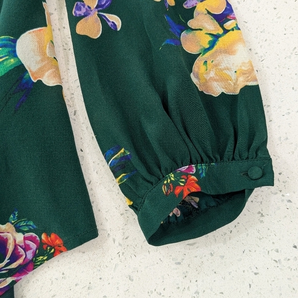 Maeve 100% Silk Green Floral Top Blouse Cold Shoulder Long Sleeve Flowy XS - Picture 7 of 10